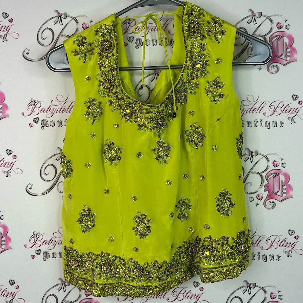 Tank top embroidered jewels sequins gems 💎 Embellished Lime Green Sleeveless